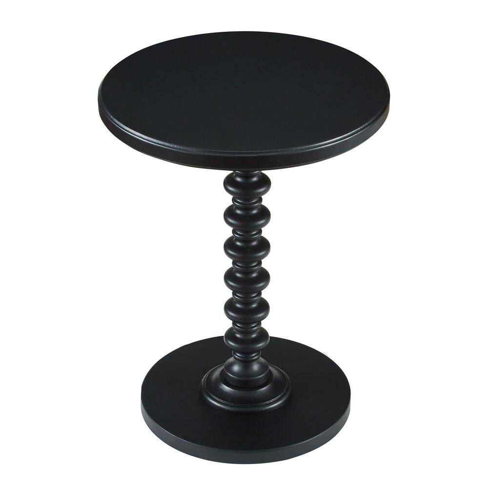 Black round wood end table with a pedestal base.