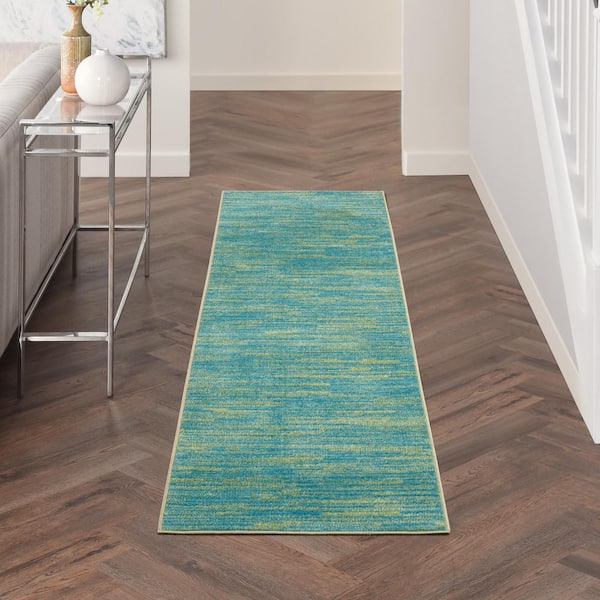 Essentials 2 ft. x 8 ft. Blue Green Kitchen Runner Solid Indoor/Outdoor Rug
