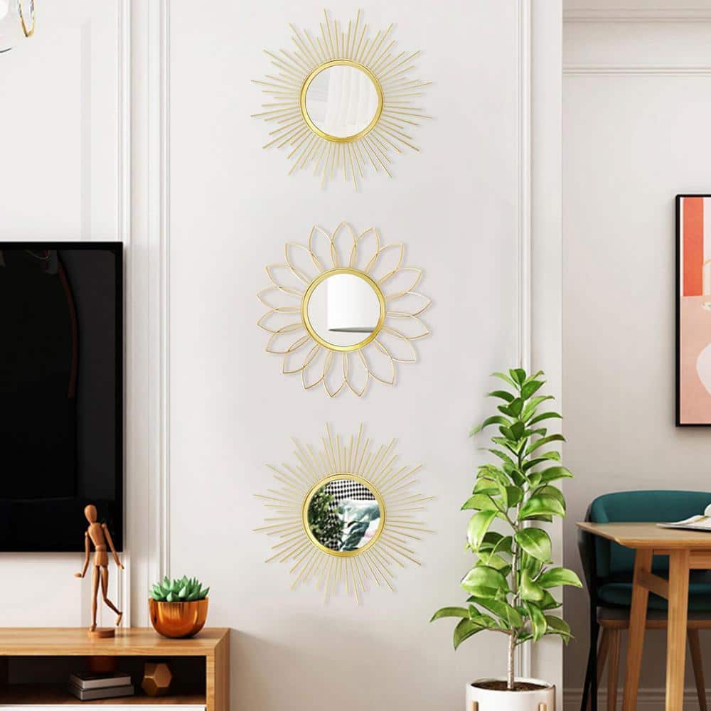 Gold Sunburst Round Metal Wall Mirrors, Set of 3