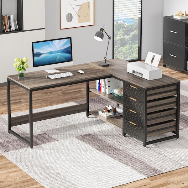 BYBLIGHT Lanita 59 in. L-Shaped Gray Engineered Wood 4-Drawer Executive Desk with Shelves, Reversible Computer Desk Writing Table