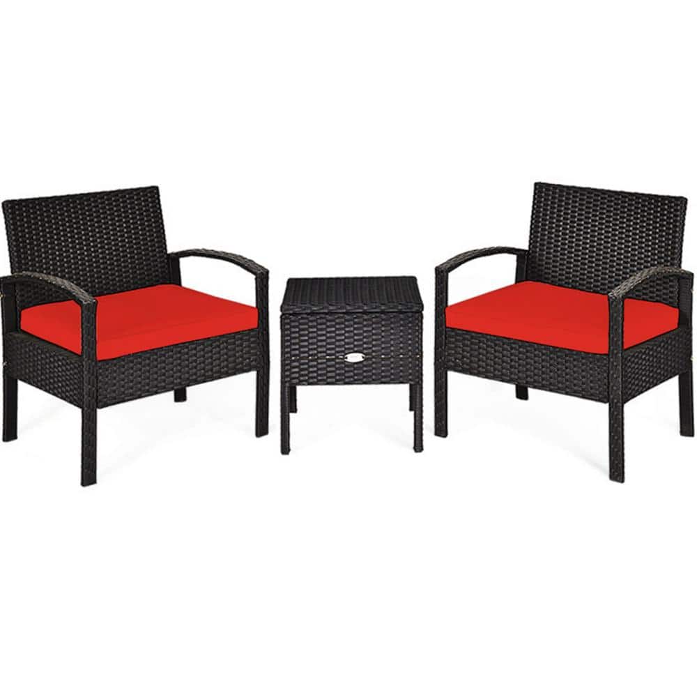 Red Cushioned Black Rattan 2-Person Patio Conversation Set