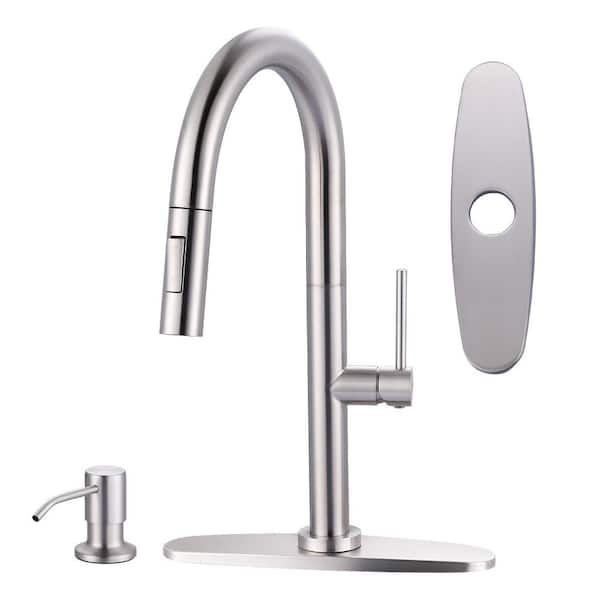 17 in. Single Handle 360° Swivel Pull-Down Sprayer Kitchen Faucet with Soap Dispenser in Brushed Nickel