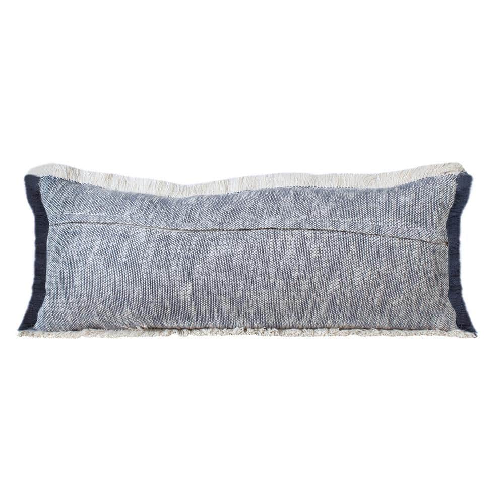 Navy Blue and White Cotton Lumbar Pillow with Fringe