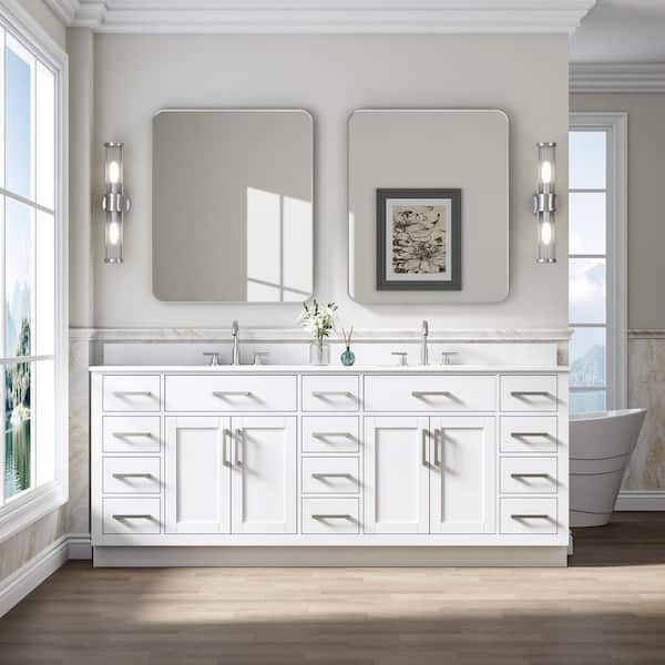 84 in. Freestanding Solid Wood White Bath Vanity with White Cultured Marble Top Assembled