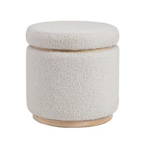 Savoy Cream Sherpa Storage Ottoman with Natural Wood Accents