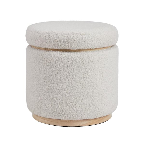 Linon Home Decor Savoy Cream Sherpa Storage Ottoman with Natural Wood Accents