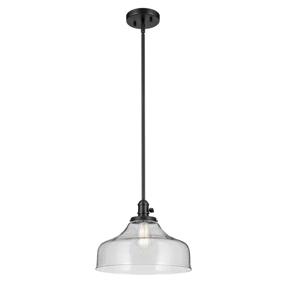 KICHLER Avery 14.5 in. 1-Light Black Vintage Industrial Shaded Bell Kitchen Hanging Pendant Light with Seeded Glass