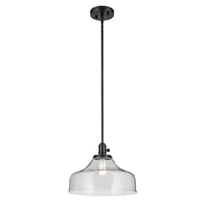 Avery 14.5 in. 1-Light Black Vintage Industrial Shaded Bell Kitchen Hanging Pendant Light with Seeded Glass