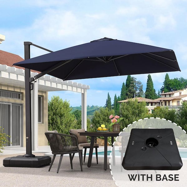 10 ft. Square Large Outdoor Aluminum Cantilever 360-Degree Rotation Patio Umbrella with Base, Navy Blue
