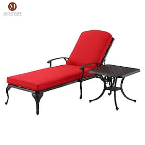 2-Piece Cast Aluminum Outdoor Chaise Lounge Table Set Reclining Chair with Red Cushion