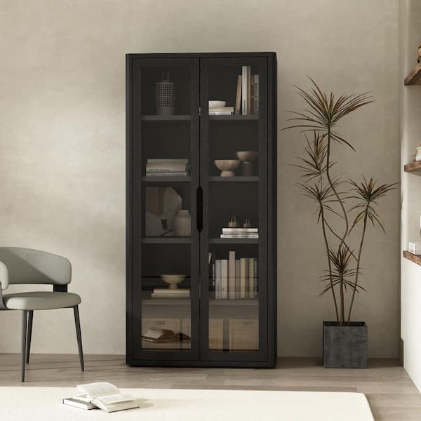 Rivington 79 in. Tall Modern Black Composite Wood 5-Shelf Standard Bookcase with Tempered Glass Doors