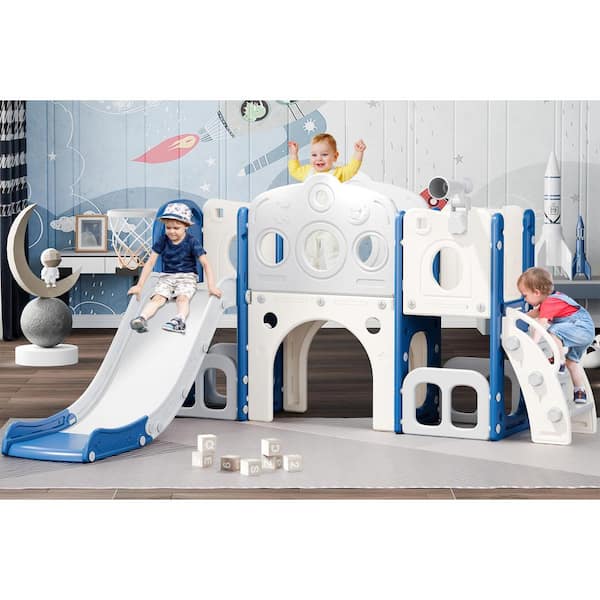 SEEUTEK 6.2 ft. Indoor Outdoor Blue and Gray 8-in-1 Astronaut Toddler Slide Set for Age 1-3 Kids Slide Climber Playset