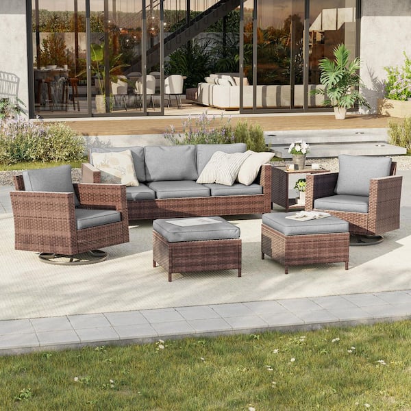 6-Piece Patio Conversation Set Brown Wicker with Swivel Rocking Chair and Side Table, Gray