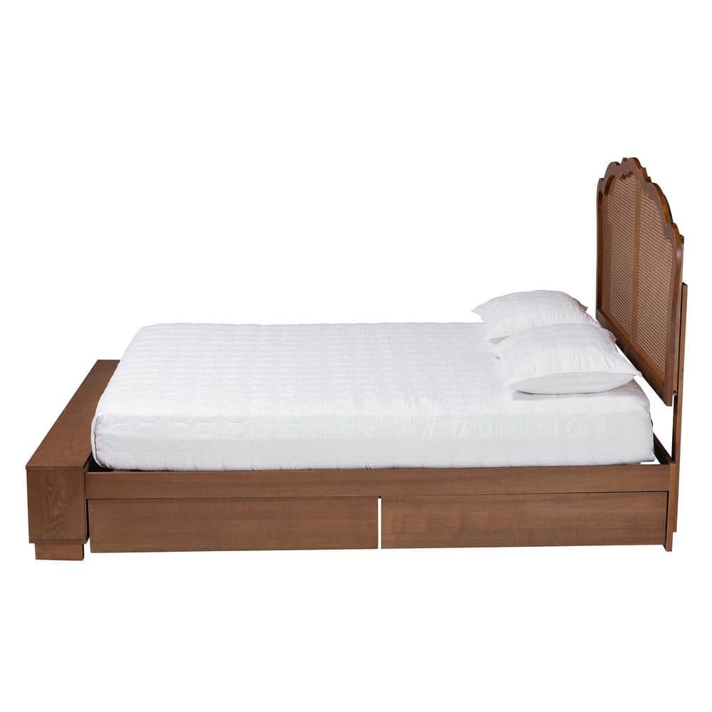 Latrell Walnut Brown Wood Queen Bed with Rattan Headboard and Storage