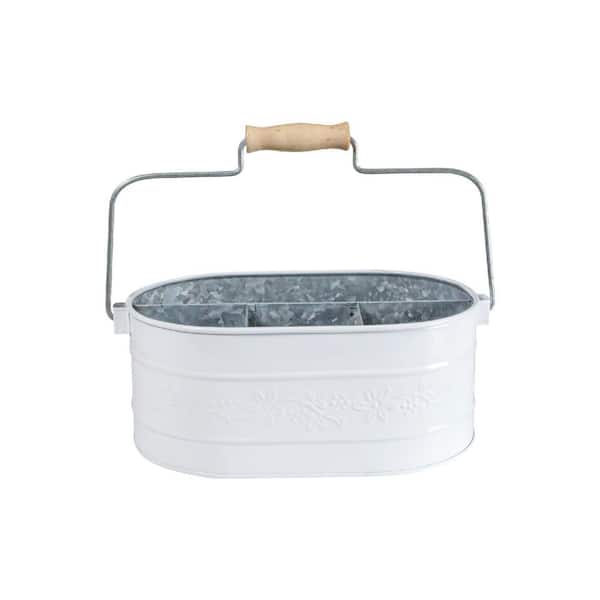 White 12 in. x 5 in. Metal Galvanized Utensil Caddy Basket with Wooden Handle