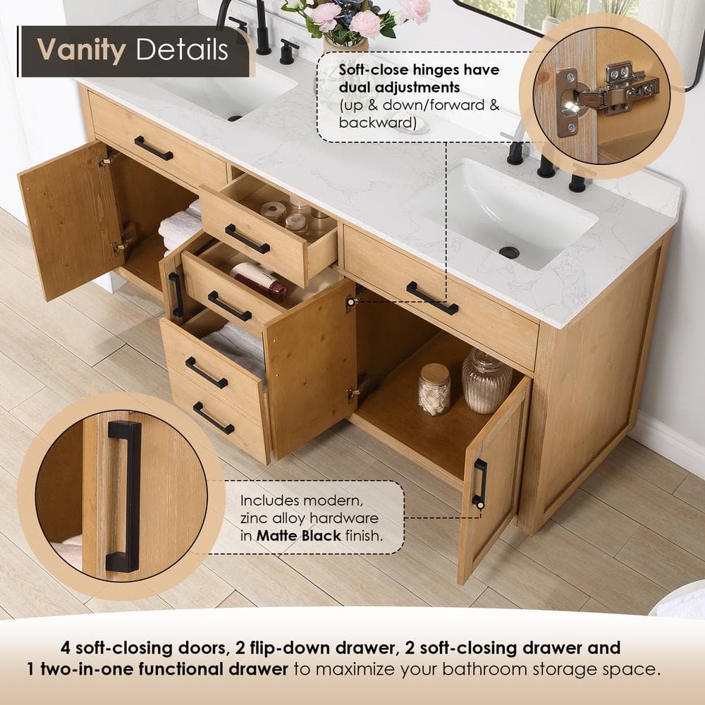 Gavino 72" Light Brown Wood Double Vanity with Composite Stone Top