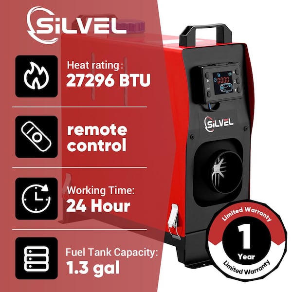 SILVEL Diesel Heater 27304 BTUs Muffler 8KW Portable Forced Air Space Heater  with LCD Thermostat Monitor Remote Control for Car KF370044-01 - The Home  Depot