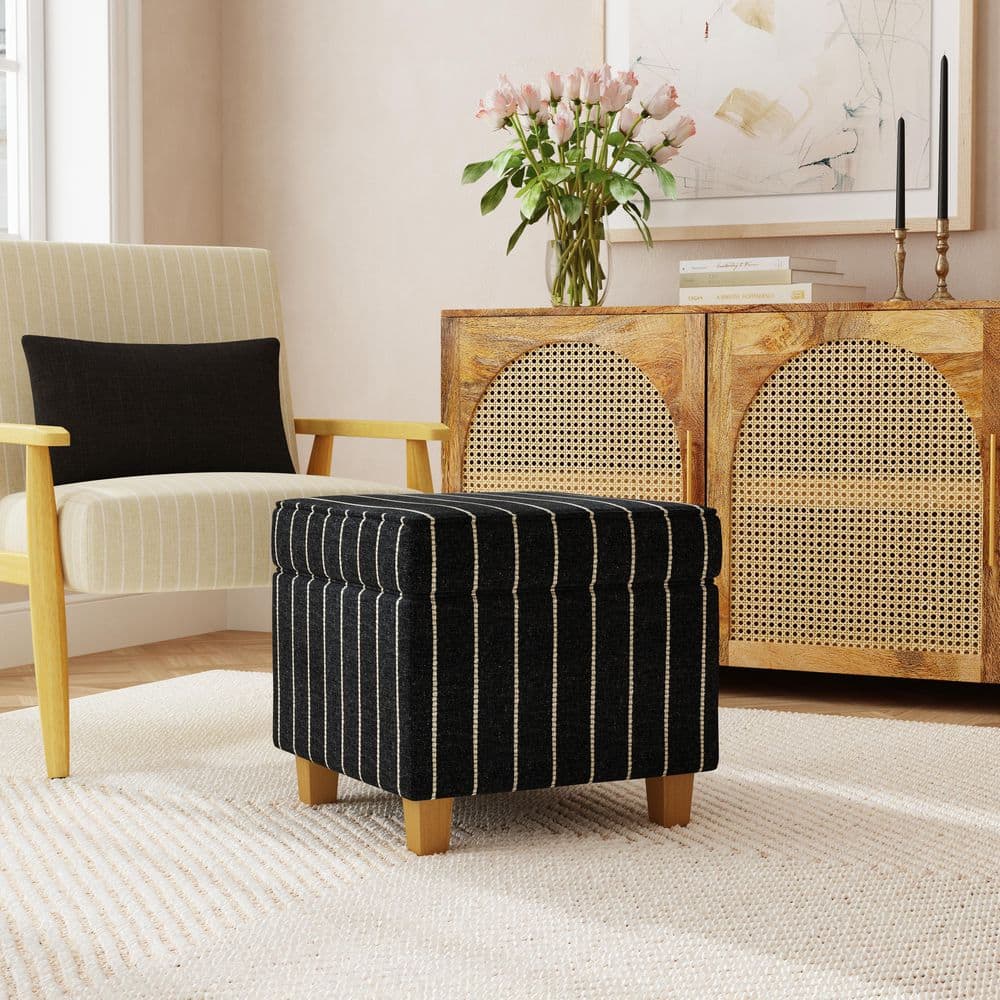 Black with Boucle Stripe Fabric Square Storage Ottoman with Lift-Off Lid