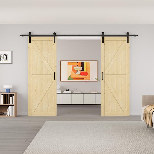 60 in. x 84 in. Paneled K-Shape Soft Close Solid Pine Wood Unfished Barn Door Slab with Installation Hardware Kit