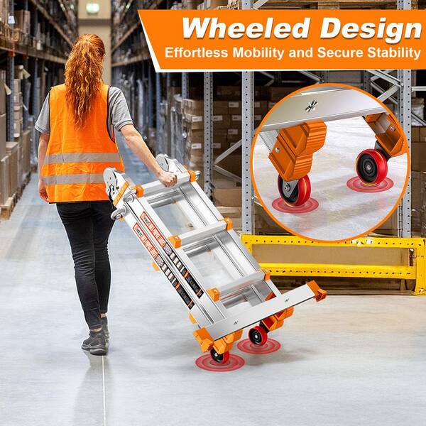 11 ft. Reach Aluminum Multi-Position Ladder with Wheels and Stabilizer Bar, 330 lbs. Load Capacity, Orange
