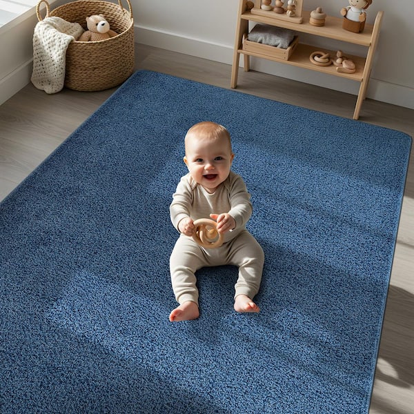 9 ft. x 12 ft. Blue Silky Solid Plus Thick Pile Non Slip Easy Clean Non Shedding Modern Indoor Area Rug