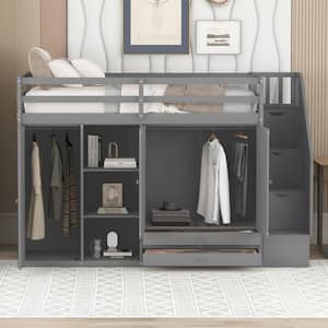 Gray Functional Loft Bed with 3 Shelves, 2 Wardrobes and 2 Drawers, Staircase with Storage