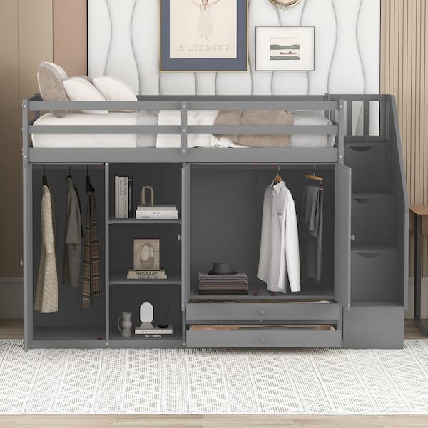 Harper & Bright Designs Gray Functional Loft Bed with 3 Shelves, 2 Wardrobes and 2 Drawers, Staircase with Storage