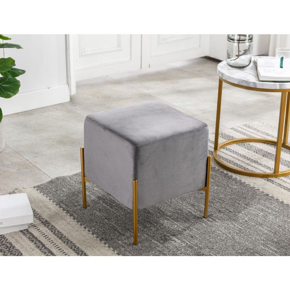 Ethan Contemporary Gray Velvet Accent Stool with Gold Finish Legs