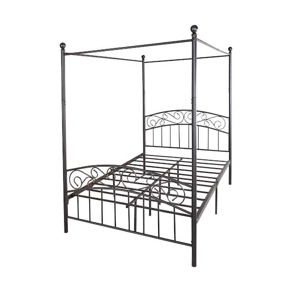 Kahomvis Black Full Size Metal Noise Free Canopy Bed Frame with Headboard and Footboard