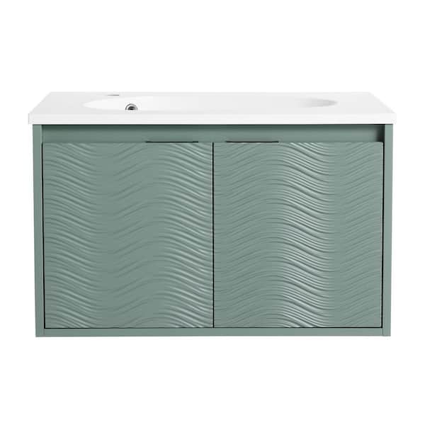 30 in. Wall Mounted Bath Vanity with White Drop-Shaped Resin Top in Green