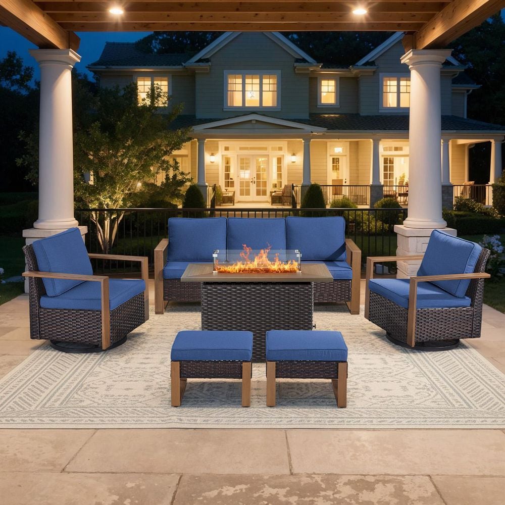 6-Piece Brown Wicker Outdoor Patio Conversation Sets Patio Gliding Chair for Backyard and Ottoman, with Blue Cushions price history on PriceWatchPro