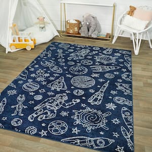 Space Rockets Blue/White 5 ft. x 7 ft. Area Rug