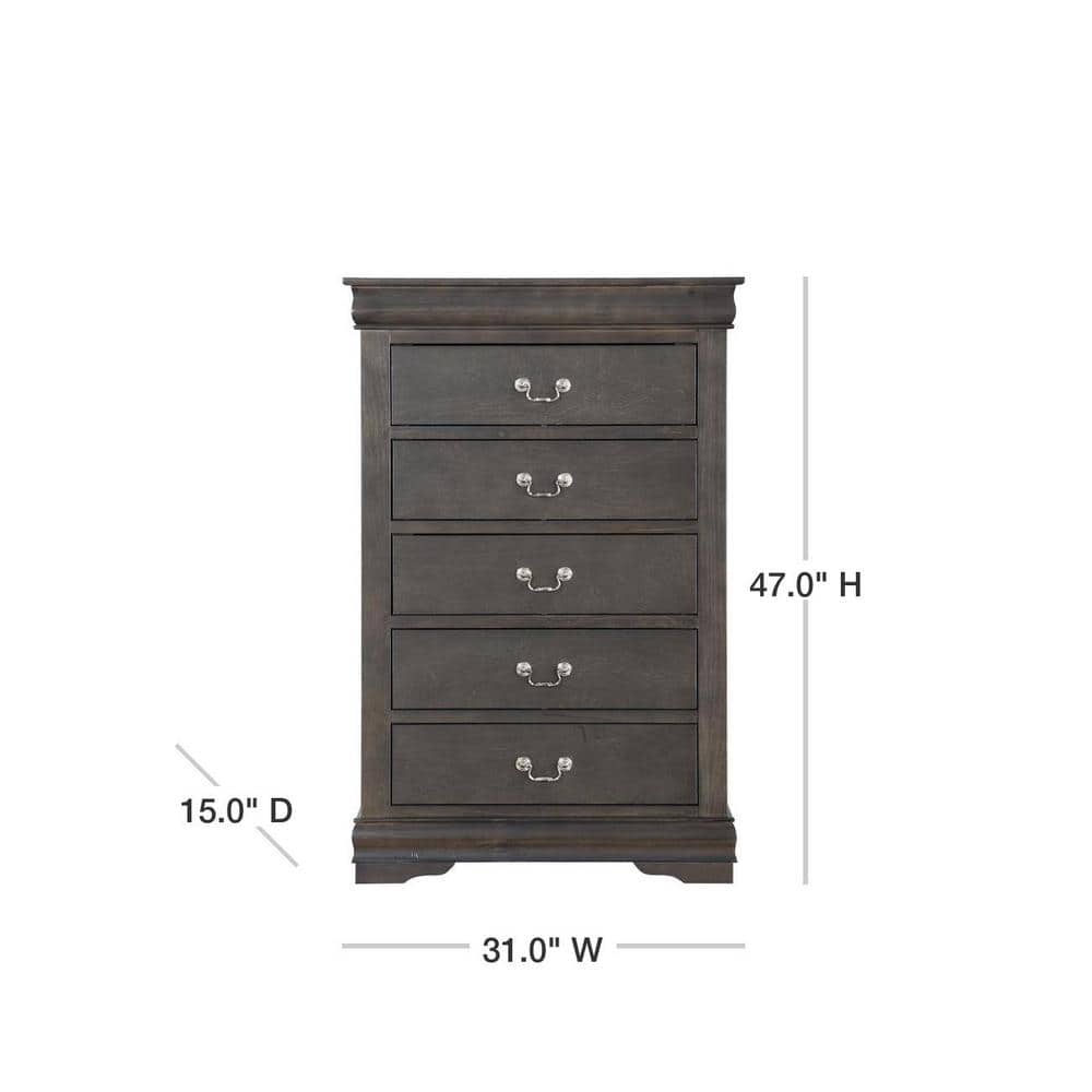 Elegant Gray Wooden Chest with Five Dovetail Drawers and Nickel Handles
