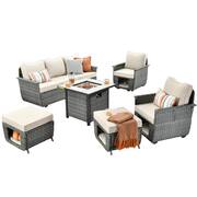 Fortune Dark Gray 6-Piece Wicker Outdoor Patio Fire Pit Conversation Seating Set with Beige Cushions