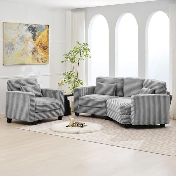 JEAREY 2-Piece Grey Curved Corduroy Velvet Living Room Sofa Set
