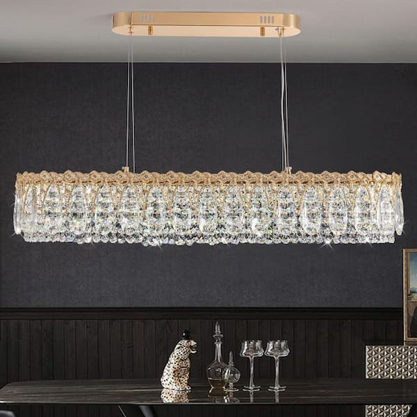 SILJOY 39 in. Modern Brass Crystal 1-Light Island Chandelier for Dining Room with Crystal Shades
