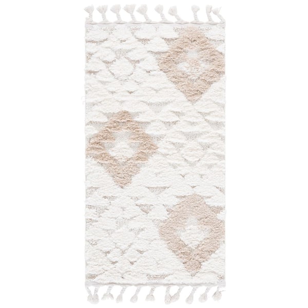 Moroccan Tassel Shag 2 ft. x 4 ft. Ivory/Beige High-Low Geometric Fringe Area Rug