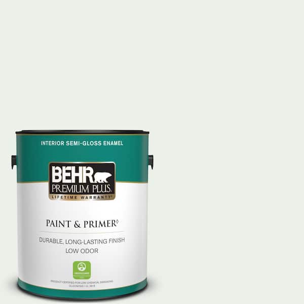BEHR PREMIUM PLUS 1 gal. #470E-1 Breakwater White Semi-Gloss Enamel Low Odor Interior Paint & Primer
