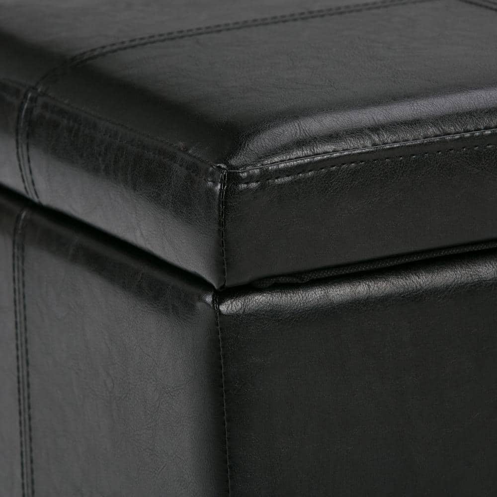 Midnight Black Bonded Leather Large Rectangular Storage Ottoman Bench