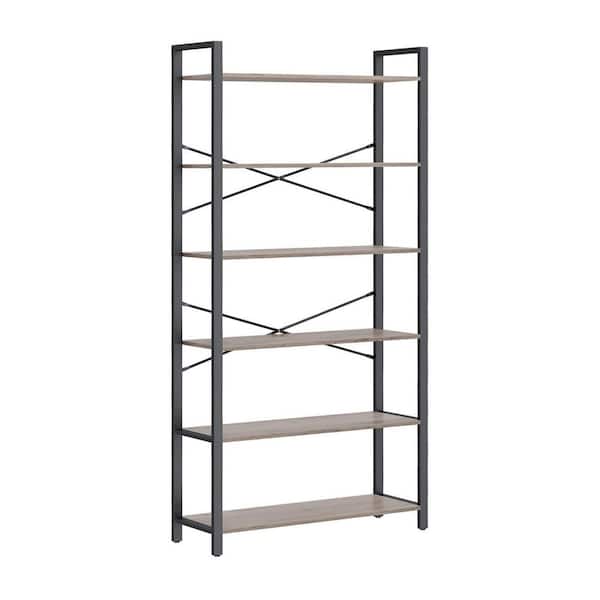 Benjara 73.23 in. Tall Gray and Black Wood 4-Shelf Standard Bookcase with Metal Frame