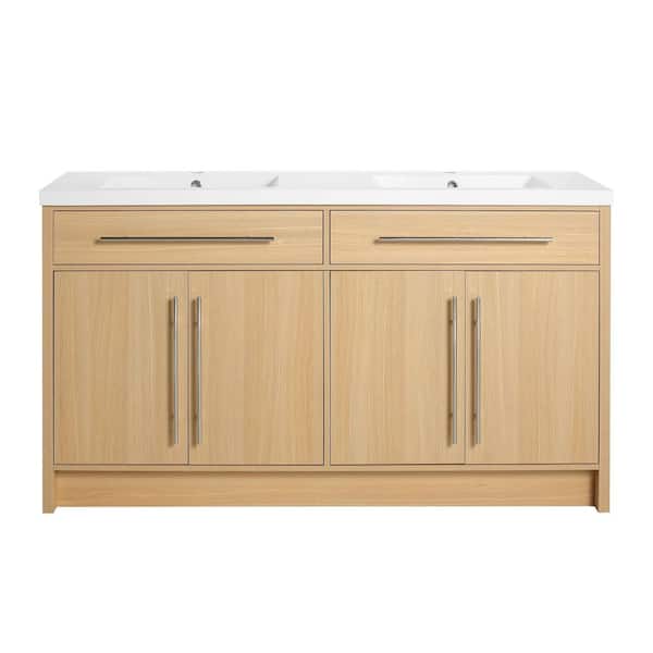 60 in. Freestanding Oak Bath Vanity with White Cultured Marble Top Unassembled