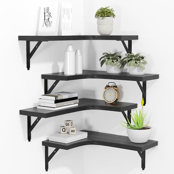16 in. W x 11.4 in. D x 0.6 in. H Black Wall Mounted Corner Floating Shelves Set of 4 for Home Decor