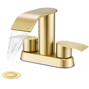 4 in. Centerset Double-Handle Waterfall Spout Bathroom Vessel Sink Faucet with Pop Up Drain Kit in Brushed Gold