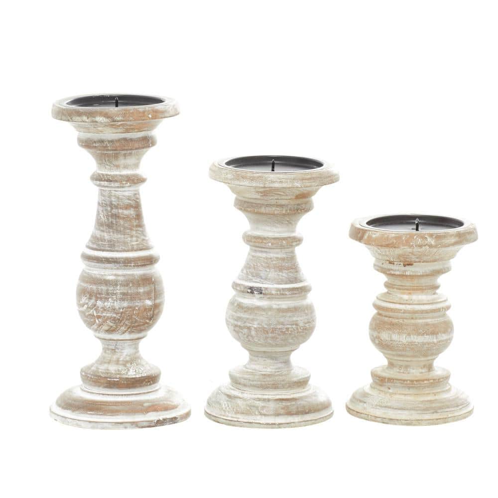 Winter Elegance Cream Mango Wood Pillar Candlestick Trio