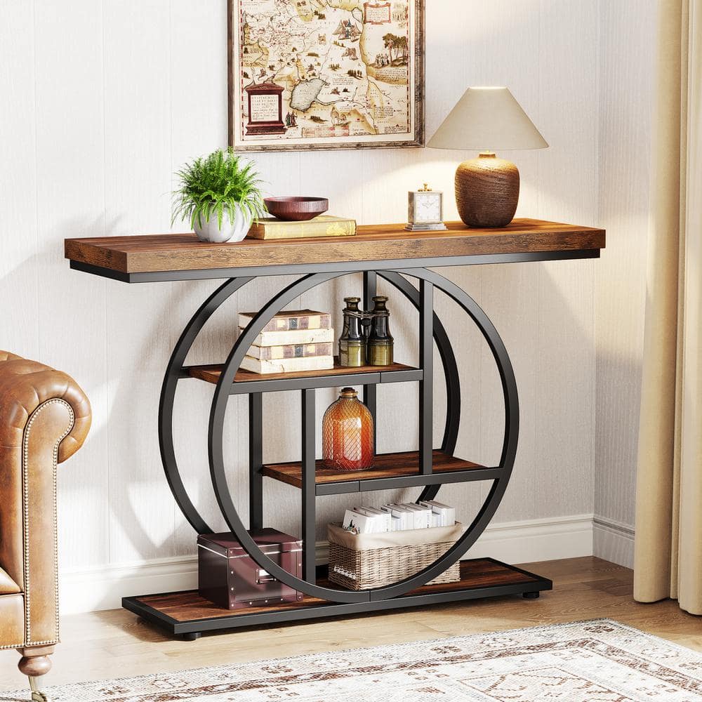 Rustic Brown 41.3" Industrial Wood and Metal Console Table with Storage