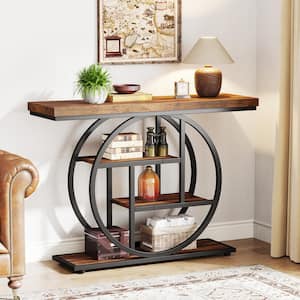 Turrella 41.3 in. Brown Rectangle Wood Console Table, Industrial 4-Tier Sofa Table Entryway Table with Circle Base