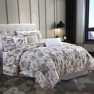 Lyon 6-Piece Beige and Brown Floral Microfiber King Comforter Set with Shirring