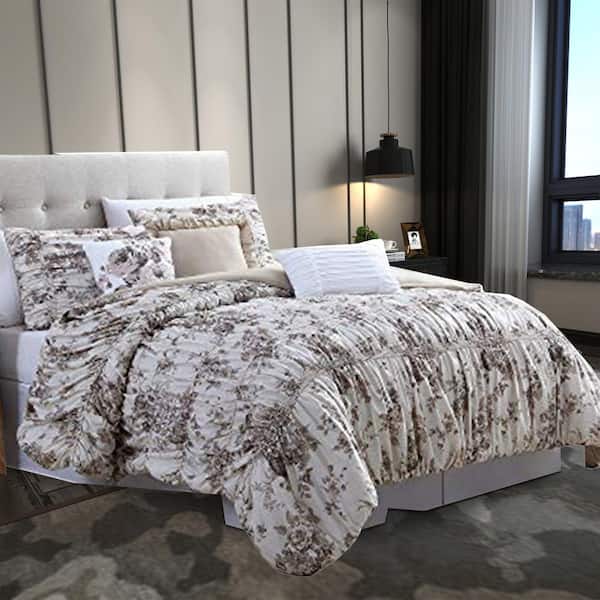 THE URBAN PORT Lyon 6-Piece Beige and Brown Floral Microfiber King Comforter Set with Shirring