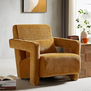 Yellowish Brown Chenille Sleek Right-Angle Armrests Arm Chair with Ergonomic Lumbar Support, Square Wooden Block Legs