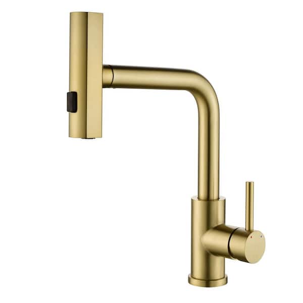 Single Hole Single Handle 14 in. H Pull Down Sprayer 1.69 GPM Kitchen Faucets with 180° Spout Swivel in Brushed Gold